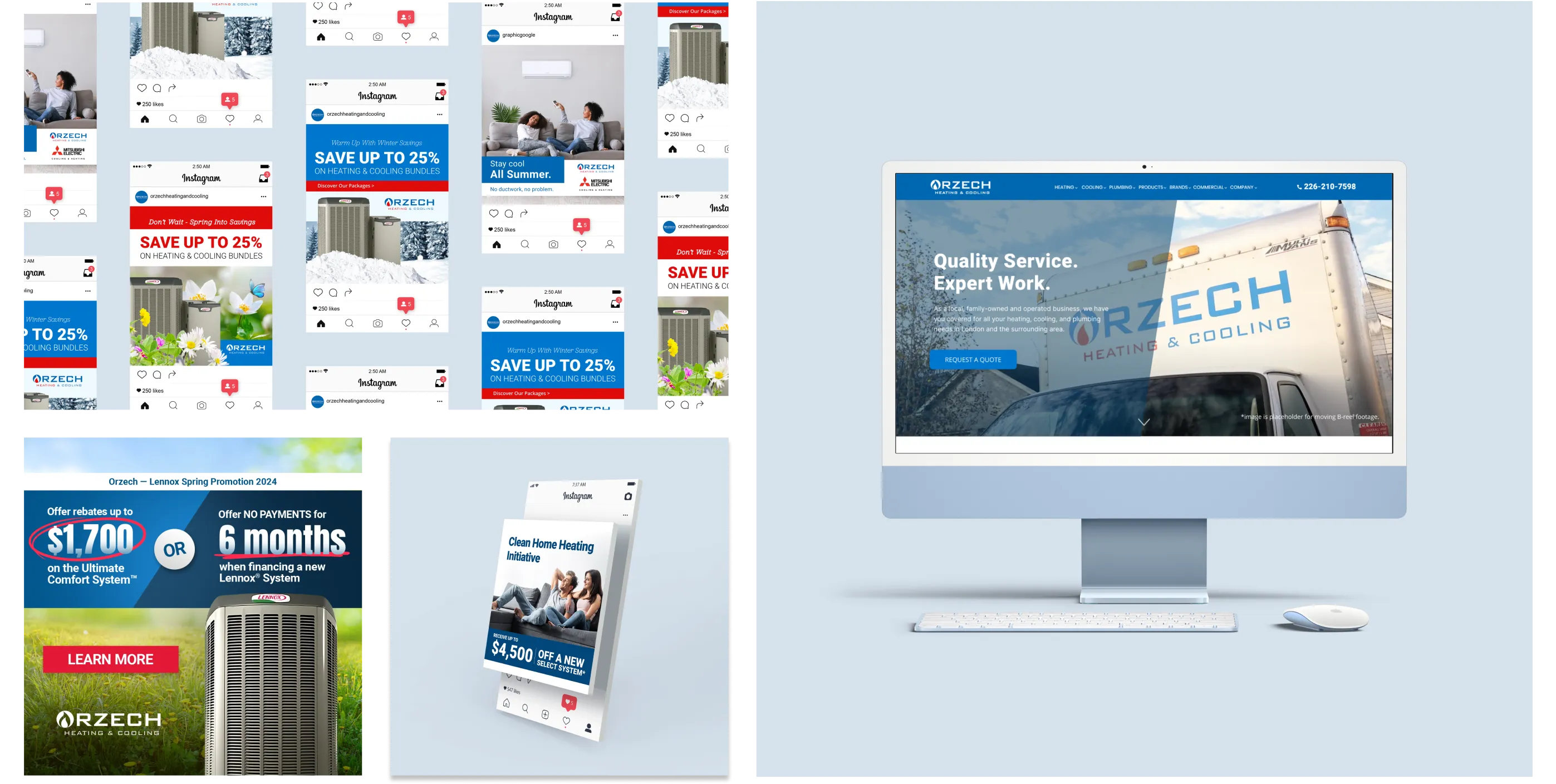 a collage of Orzech Heating and Cooling branded materials