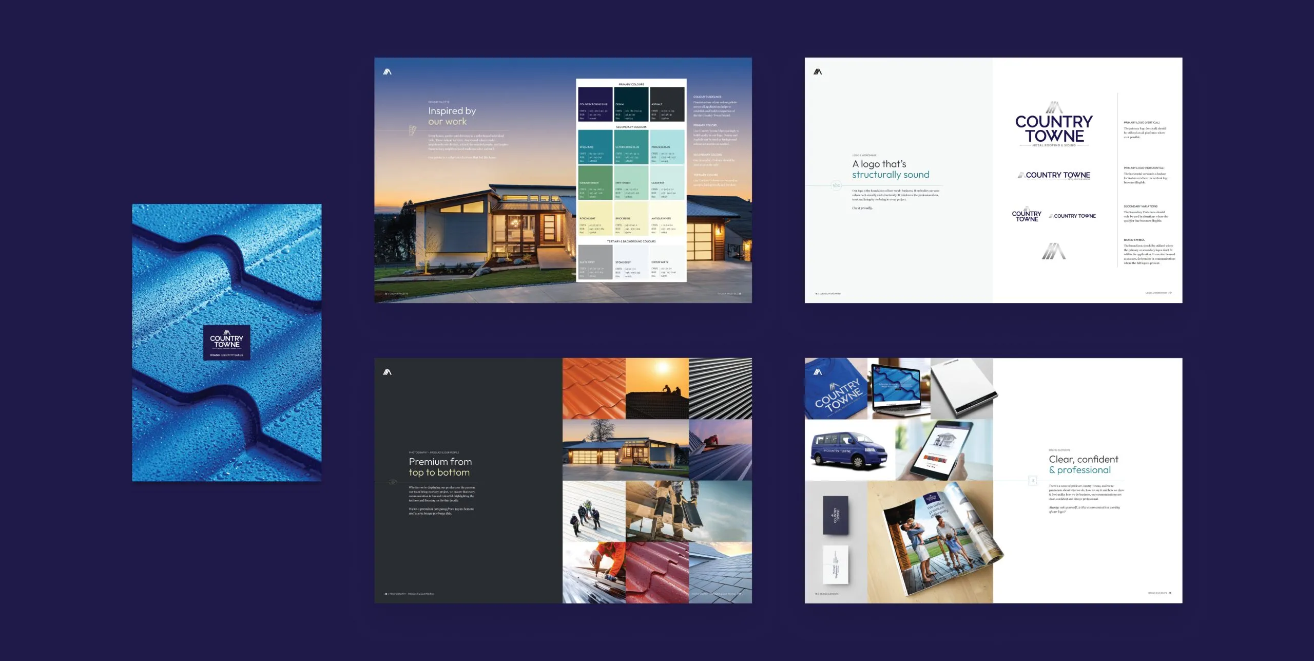 four examples of pages from a brand guide created by Giant Creative Inc and the cover of the brand guide