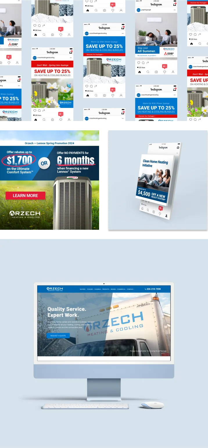 a collage of Orzech Heating and Cooling branded materials