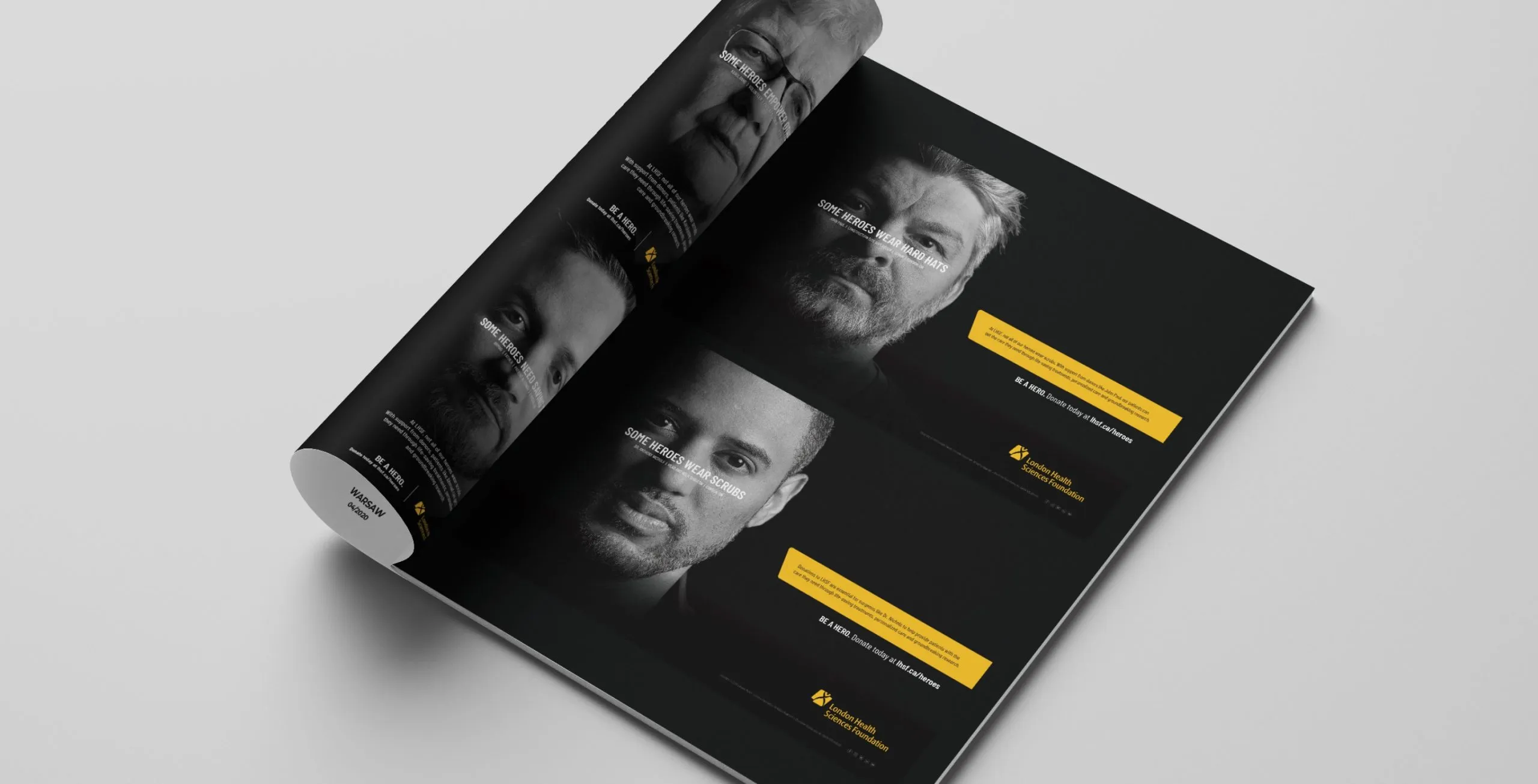 a booklet display headshot and text for the face of heroes ads