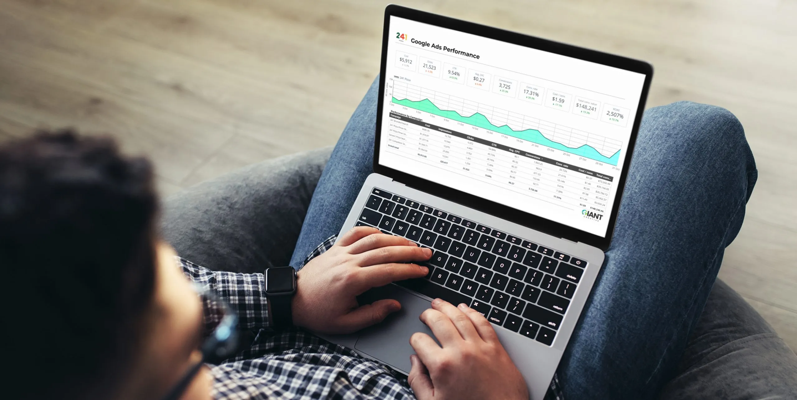 a man sitting on a chair on his laptop looking a data and analytics for his google ads performance