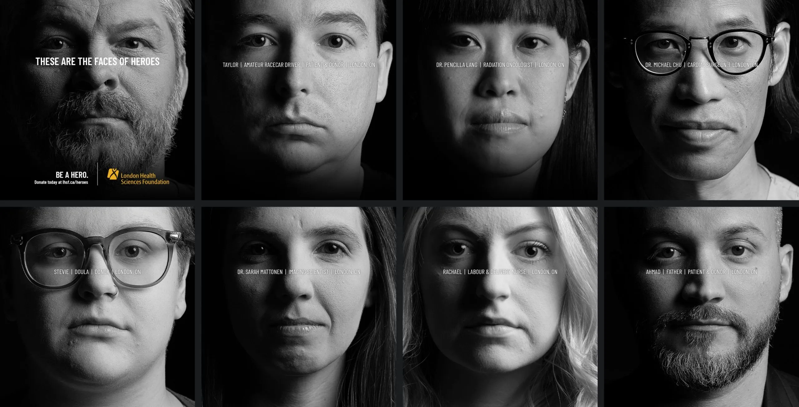 8 close up head shots of men and woman of various ages